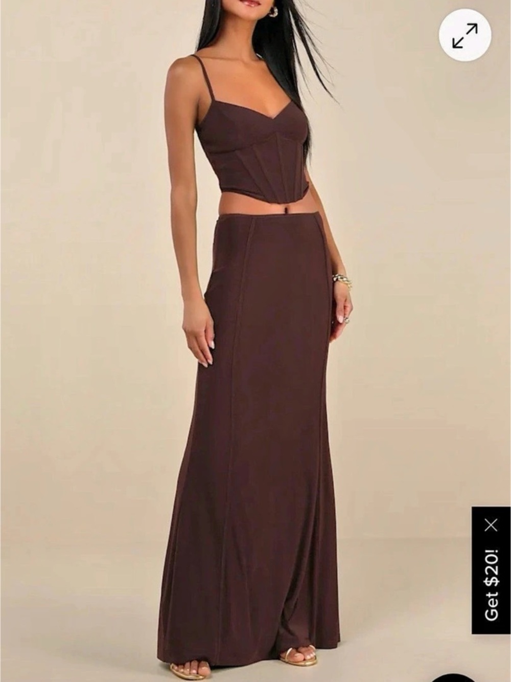 Lulus Skyela Dark Brown Bustier Two-Piece Maxi Dress.  Medium top Large skirt - Picture 4 of 9